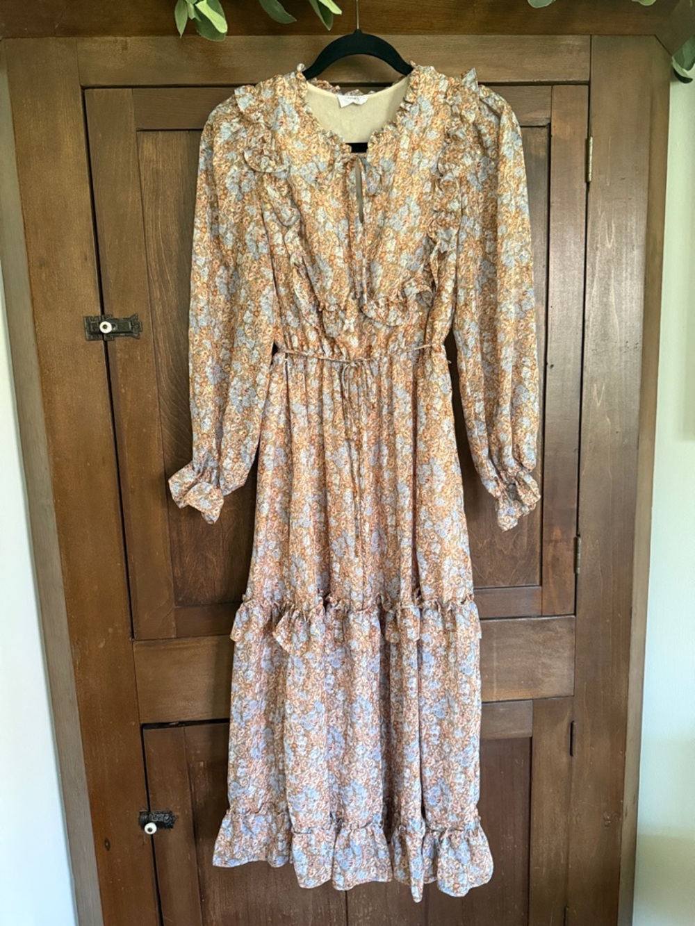 Storia Peach and Light Blue Floral Ruffle Maxi Dress